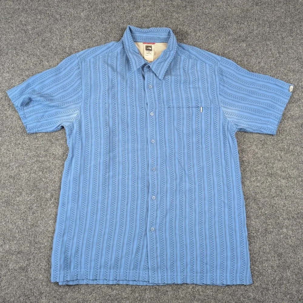 The North Face Mens Blue Textured Stripe Short Sleeve Button Up‎ Shirt AH6T L